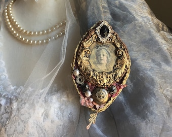 victorian portrait brooch, mixed media, assemblage brooch,, art to wear, french brocante, victorian art pin