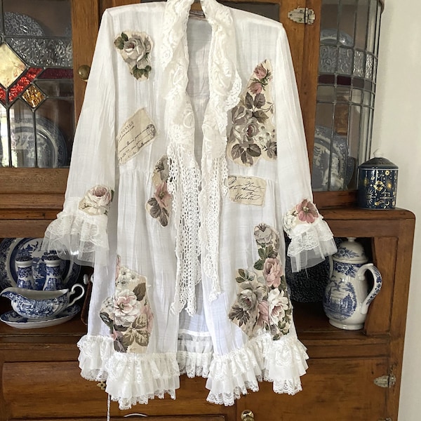 Large Shabby rose jacket,   boho chic, fairy jacket, old lace and roses, artsy jacket, one of a kind, boho duster, magnolia pearl inspired