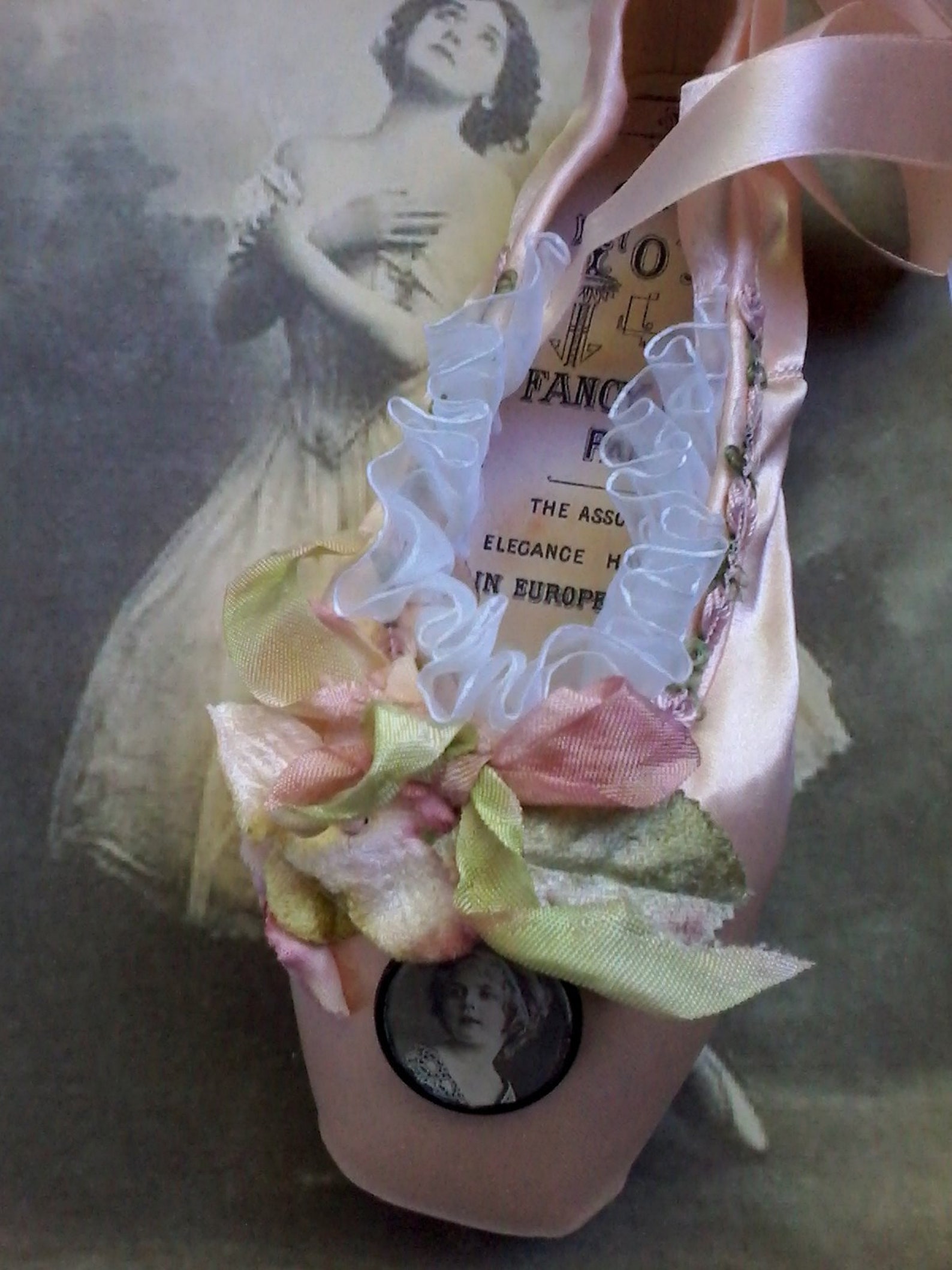 embellished ballet pointe shoe, fantasy ballet shoe, altered ballet shoe, shabby decorated ballet shoe, costume ballet, gift for