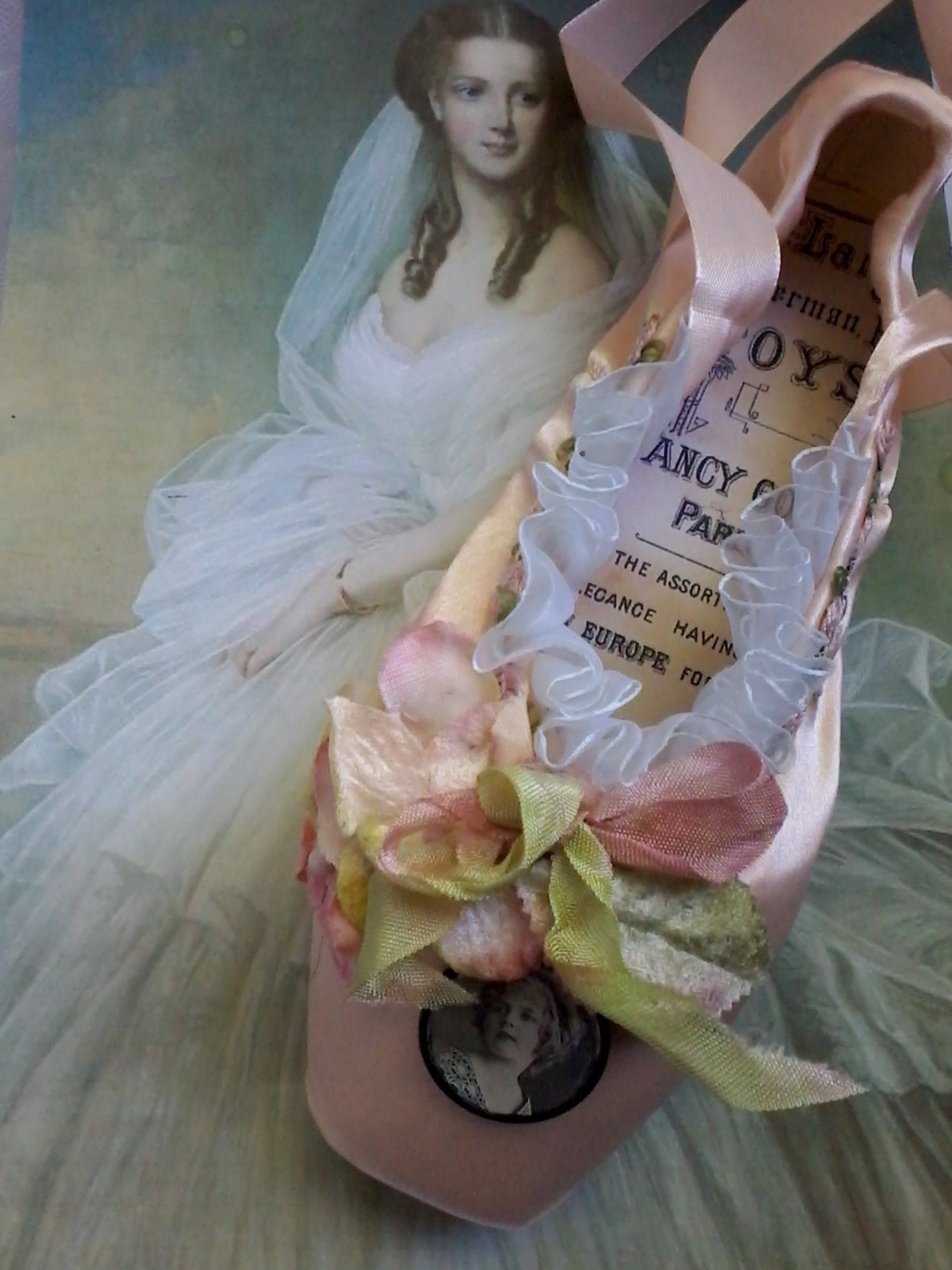 embellished ballet pointe shoe, fantasy ballet shoe, altered ballet shoe, shabby decorated ballet shoe, costume ballet, gift for