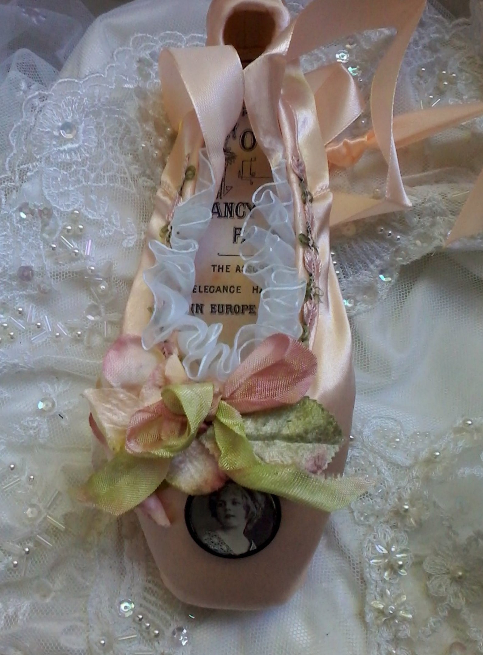 embellished ballet pointe shoe, fantasy ballet shoe, altered ballet shoe, shabby decorated ballet shoe, costume ballet, gift for