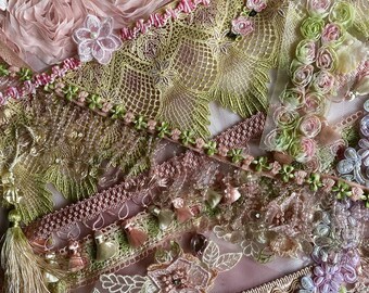 Over 2 yards of embellishments, junk journal kit, embellishments kit, inspiration kit, scrapbooking, lace and trims, hand dyed lace,