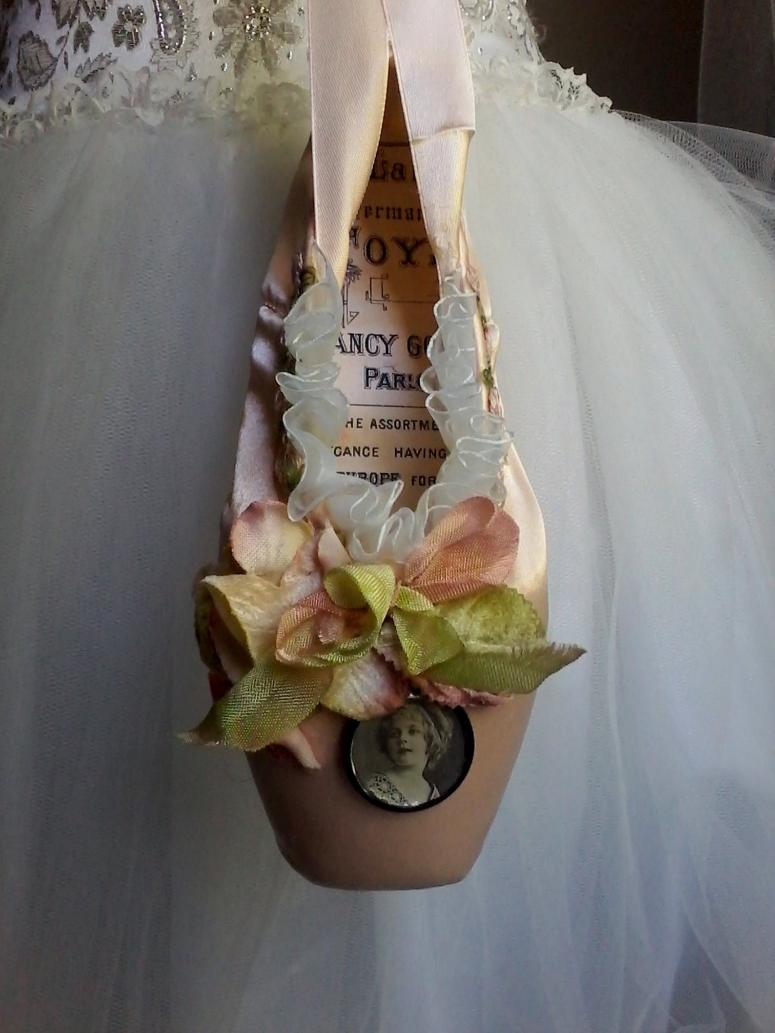 embellished ballet pointe shoe, fantasy ballet shoe, altered ballet shoe, shabby decorated ballet shoe, costume ballet, gift for