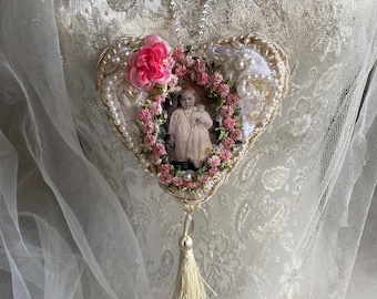 Velvet Heart Necklace: Victorian Portrait Pendant, Vintage Lace Tassel