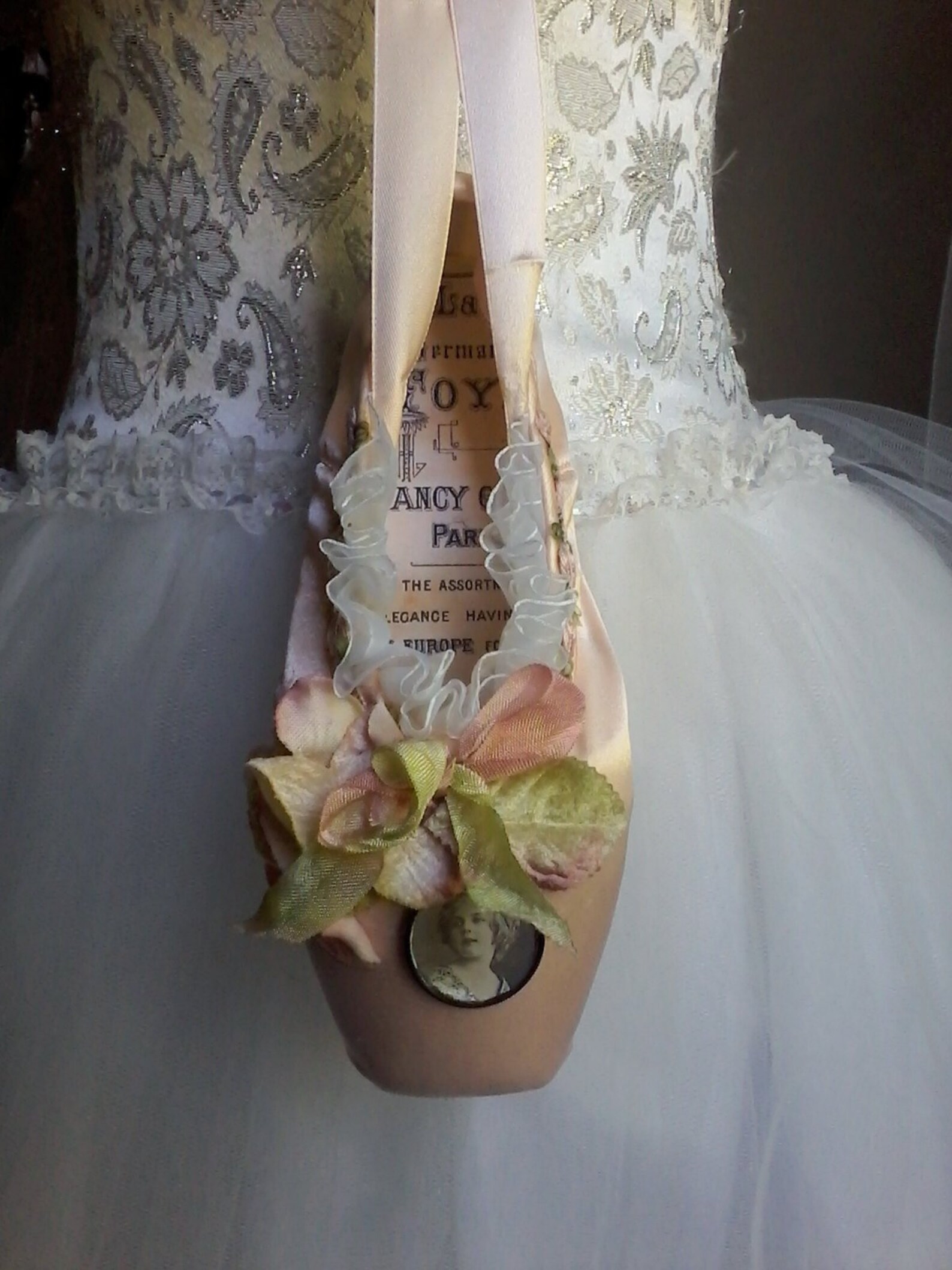 embellished ballet pointe shoe, fantasy ballet shoe, altered ballet shoe, shabby decorated ballet shoe, costume ballet, gift for
