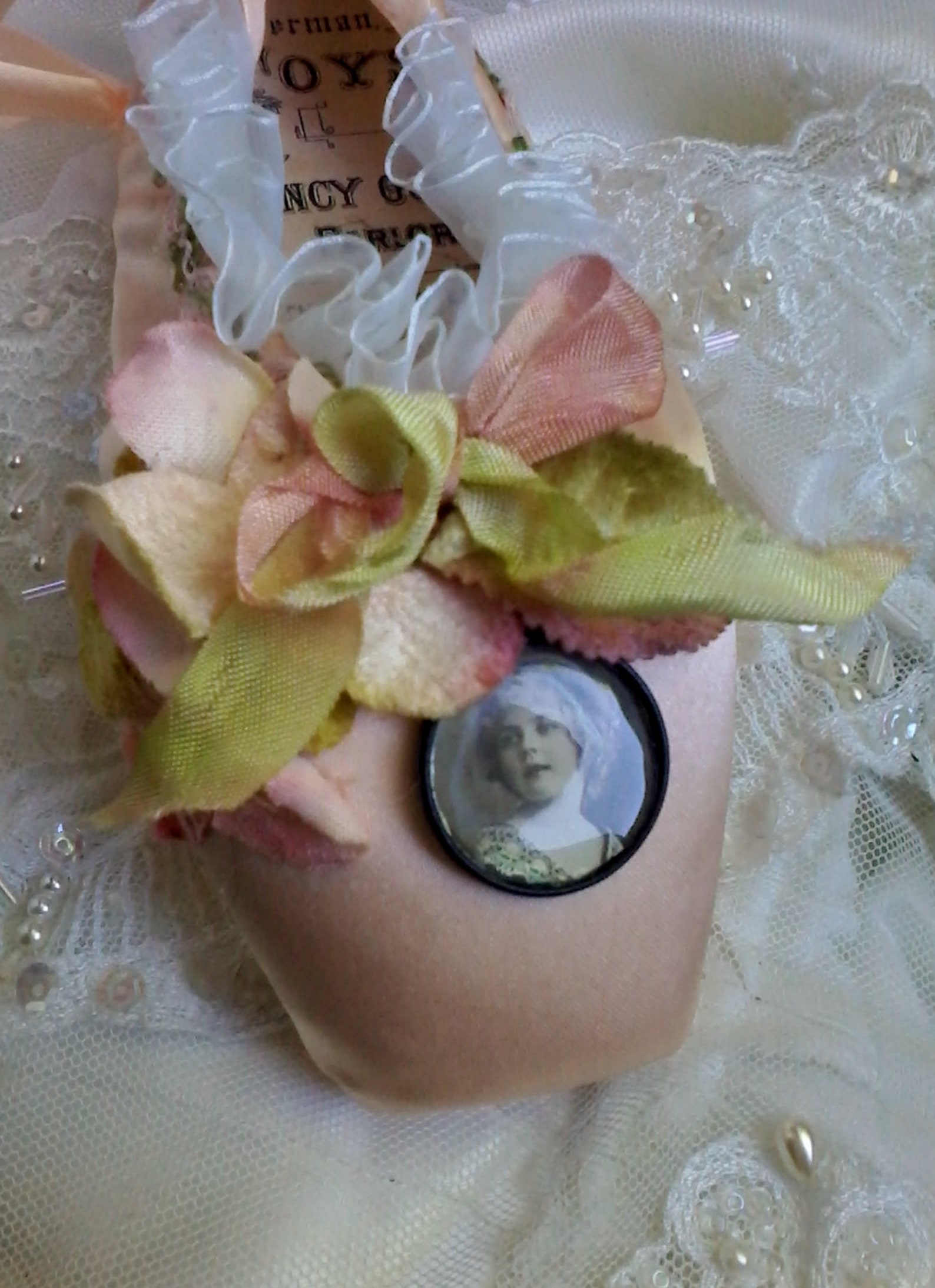 embellished ballet pointe shoe, fantasy ballet shoe, altered ballet shoe, shabby decorated ballet shoe, costume ballet, gift for