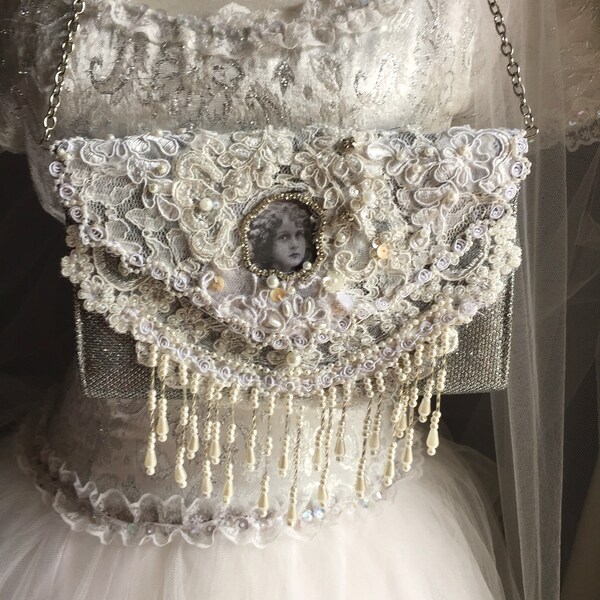 bridal bag, artsy reworked bag, brocante shoulder bag, embellished bag, vintage inspired, pearls and lace.