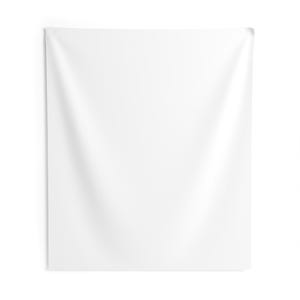 May include: A large, white, rectangular wall tapestry. The fabric is smooth and appears to be made of a lightweight material. The tapestry is hanging in front of a blurred outdoor background with greenery and white chairs.