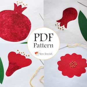May include: A PDF pattern for sewing four different pomegranate designs. The designs include a whole pomegranate, a single seed, a flower, and a single bloom. The pattern is titled "PDF Pattern Sew Jewish".
