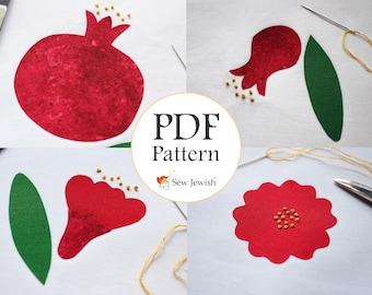 5 patrones de apliques de frutas y flores de granada; descarga digital en PDF; costura a mano o a máquina; cubierta para jalá, talit, jupá, decoración del hogar