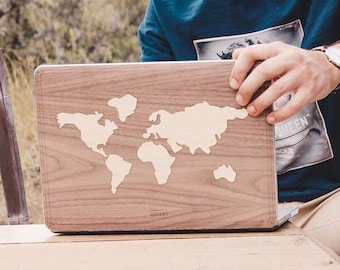 World Map Macbook Pro Wood Cover, Walnut Wood Skin for Apple Mac Air Pro 11 12 13 14 15 16 inch, Macbook Skin wood anniversary gift for her