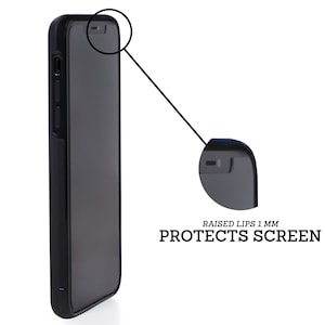 May include: Black phone case with raised edges to protect the screen. "RAISED LIPS 1 MM PROTECTS SCREEN" text is printed on the case.