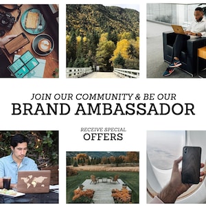 Puede incluir: &Uacute;nete a nuestra comunidad y s&eacute; nuestro embajador de marca. Recibe ofertas especiales. Collage de im&aacute;genes con personas que usan fundas de tel&eacute;fono de madera, una computadora port&aacute;til con un dise&ntilde;o de madera y fotos de paisajes naturales.
