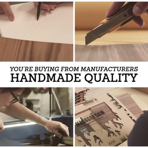 May include: A close-up of a person's hands using a utility knife to cut a piece of wood veneer. The wood veneer is a light brown color with a wood grain pattern. The text "YOU'RE BUYING FROM MANUFACTURERS HANDMADE QUALITY" is displayed in the image.