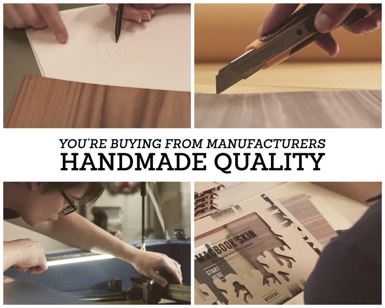 May include: A close-up of a person's hands using a utility knife to cut a piece of wood veneer. The wood veneer is a light brown color with a wood grain pattern. The text "YOU'RE BUYING FROM MANUFACTURERS HANDMADE QUALITY" is displayed in the image.