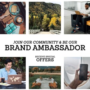 May include: Join our community and be our brand ambassador. Receive special offers. Collage of images featuring people using wooden phone cases, a laptop with a wood design, and scenic nature shots.