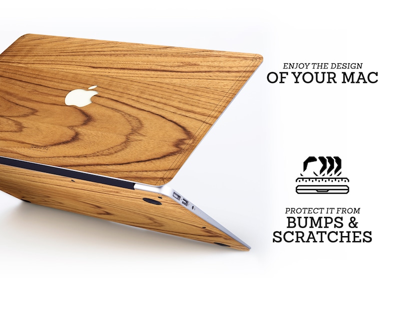 May include: A wood-grain laptop skin with a silver Apple logo. The text "Enjoy the design of your Mac" and "Protect it from bumps & scratches" is printed on a white background.