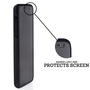 K&ouml;nnte beinhalten: Schwarze Handyh&uuml;lle mit erh&ouml;hten R&auml;ndern zum Schutz des Bildschirms. Der Text "RAISED LIPS 1 MM PROTECTS SCREEN" ist auf der H&uuml;lle aufgedruckt.