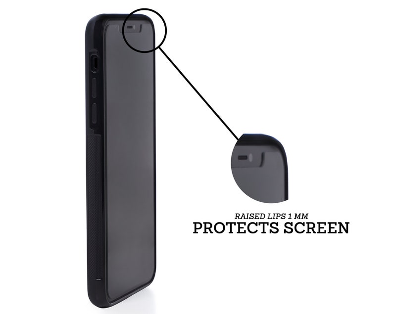 K&ouml;nnte beinhalten: Schwarze Handyh&uuml;lle mit erh&ouml;hten R&auml;ndern zum Schutz des Bildschirms. Der Text "RAISED LIPS 1 MM PROTECTS SCREEN" ist auf der H&uuml;lle aufgedruckt.