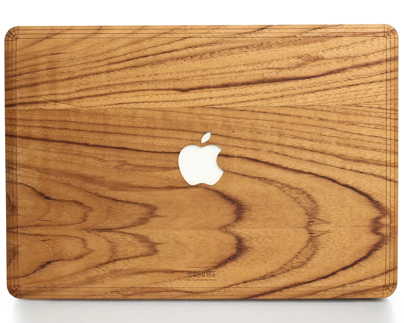 May include: A wooden laptop case with a natural wood grain finish and a white Apple logo cutout. The case has a slightly rounded edge and a subtle wood grain pattern.