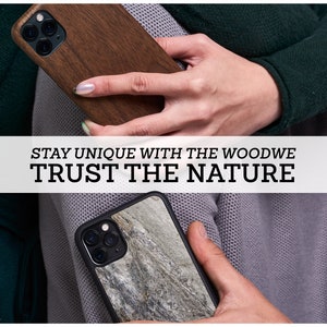 May include: Two phone cases, one with a wood grain pattern and one with a stone pattern. The text "STAY UNIQUE WITH THE WOODWE TRUST THE NATURE" is displayed on a white banner.