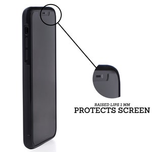 Puede incluir: Funda de tel&eacute;fono negra con bordes elevados para proteger la pantalla. El texto "RAISED LIPS 1 MM PROTECTS SCREEN" est&aacute; impreso en la funda.