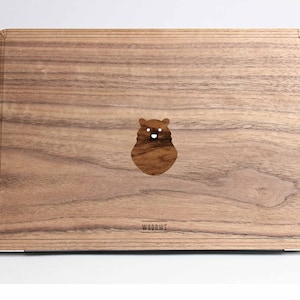 Spooky Cute Bear Walnut Wood Macbook cover for Apple Mac Air Pro 11 12 13 15 16 inch, Wood Macbook cover Gift idea, Veneer wood Macbook skin