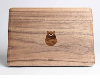 Spooky Cute Bear Walnut Wood Macbook cover for Apple Mac Air Pro 11 12 13 15 16 inch, Wood Macbook cover Gift idea, Veneer wood Macbook skin