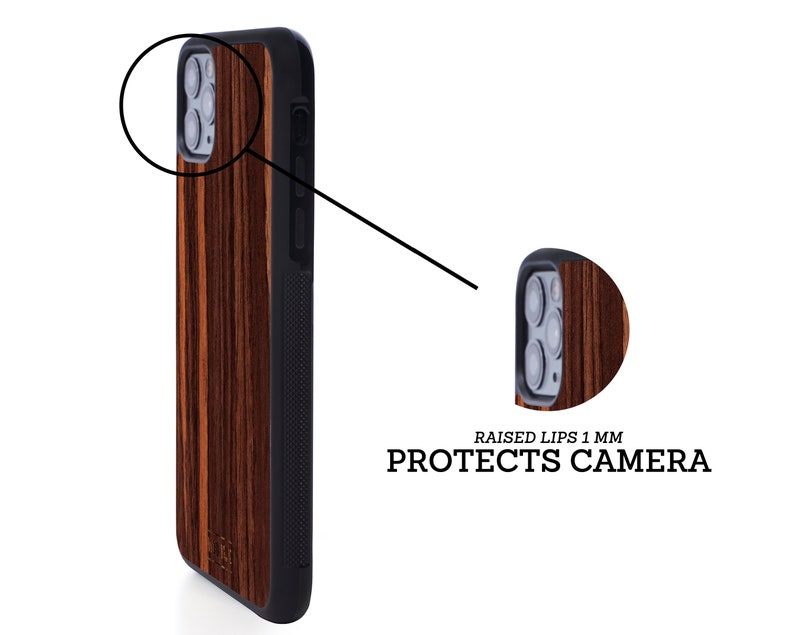 May include: A brown wood phone case with a black border. The case has a raised lip around the camera to protect it from scratches. "RAISED LIPS 1 MM PROTECTS CAMERA" is printed on the case.