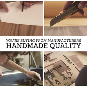 May include: A close-up of a person's hands using a utility knife to cut a piece of wood veneer. The image is part of a larger collage showing the process of making a handmade wooden laptop skin. The text "YOU'RE BUYING FROM MANUFACTURERS HANDMADE QUALITY" is displayed in the center of the collage.