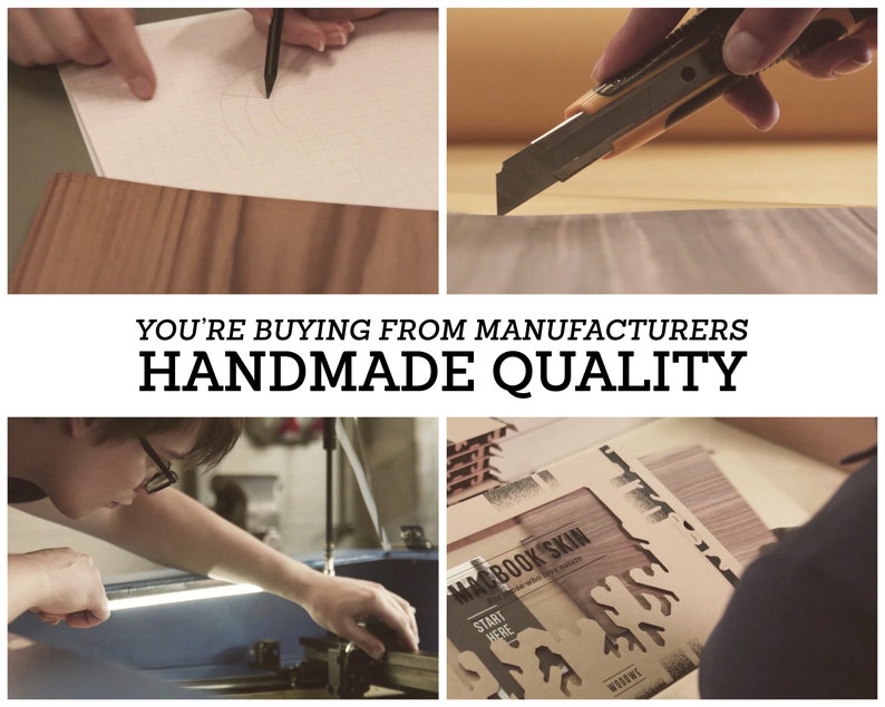 May include: A close-up of a person's hands using a utility knife to cut a piece of wood veneer. The image is part of a larger collage showing the process of making a handmade wooden laptop skin. The text "YOU'RE BUYING FROM MANUFACTURERS HANDMADE QUALITY" is displayed in the center of the collage.