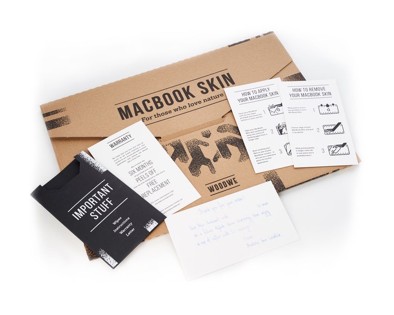 May include: A brown cardboard envelope with the text "MACBOOK SKIN" and "For those who love nature". The envelope contains instructions on how to apply and remove a Macbook skin, a warranty card, and a note that says "Thank you for your order".