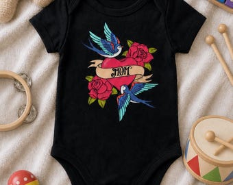 Old School Traditional Swallow Heart Mom Tattoo Design Baby short sleeve one piece