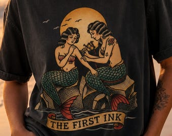 Vintage Mermaid Tattoo T Shirt Traditional Flash Style Comfort Colors Unisex garment-dyed heavyweight t-shirt