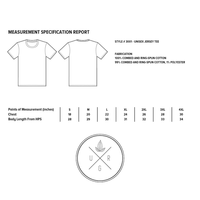 Op de afbeelding: Een maattabel voor een unisex jersey t-shirt, met de borst- en lichaamslengte in inches voor maten S tot en met 4XL. De stof is 100% gekamd en ringgesponnen katoen of 99% gekamd en ringgesponnen katoen, 1% polyester.
