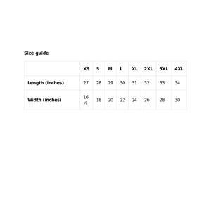 May include: Size guide chart for a garment with measurements in inches for length and width. The chart shows sizes from XS to 4XL.