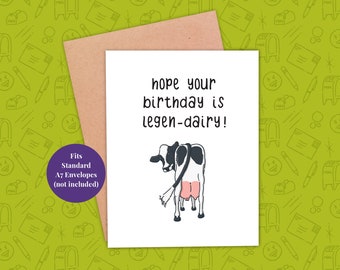 Biglietto di auguri di compleanno divertente con mucca: gioco di parole leggendario sui latticini, umorismo sugli animali da fattoria (PDF 5x7)