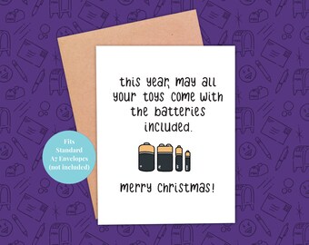 Divertente biglietto di auguri natalizio, che tutte le tue batterie siano incluse (Download PDF)