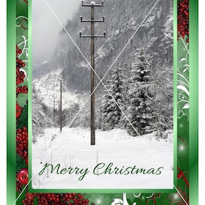 May include: A snowy winter scene with a wooden power pole and power lines in the foreground. The background shows a snow-covered mountainside with trees. The text "Merry Christmas" is written in the lower right corner of the image.