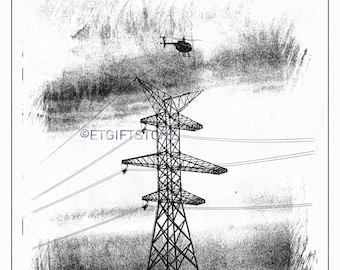 Helicopter Crew - T & D Lineman Art Sketch/Print Transmission Distribution Power Company Poster 13x19 or 11x17 Full Color or Black and White