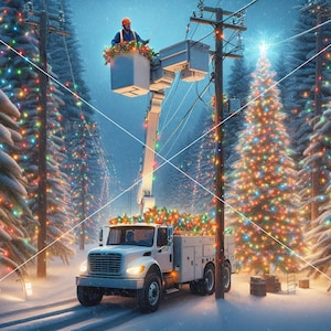 May include: A white truck with a bucket lift is used to string Christmas lights on a tall pine tree. The truck is decorated with Christmas lights and the tree is covered in colorful lights. The scene is set in a snowy forest.