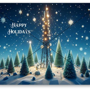 May include: A snowy winter scene with a tall, metal tower and a cluster of pine trees decorated with twinkling lights. The text "Happy Holidays" is written in white against a blue background.
