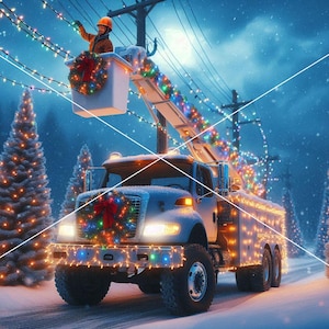 May include: A white truck with a lift is decorated with Christmas lights and a wreath. A worker is in the lift hanging lights on a tree.