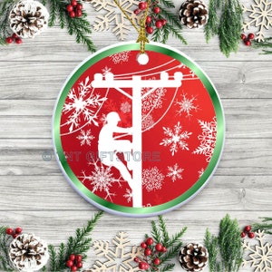 Climbing Power Lineman Tree Christmas Tree Ornament - Porcelain 2.75" CAN PERSONALIZE