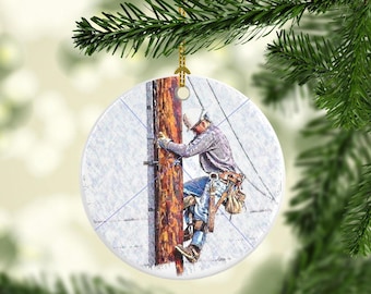 LINE LIFE Power Lineman Gift - Porcelain Ceramic Christmas Tree Ornament With Black Velvet Gift Bag Electric Linemen Gifts Can personalize