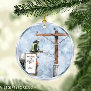 JOURNEYMAN LINEMAN Your Logo and/or Text OR "Keeping the Lights On" 2023 or preferred year.  Electric Lineman Utility Company Gift Ornament