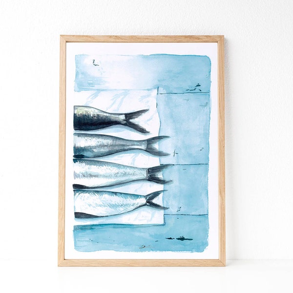 Sardines print, Fish print, Sea wall art, Sea Decor, Maritime decor, Nordic decor, Scandinavian decor, Nordic style, watercolour print