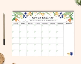 Monthly Planner, Desk Planner, Watercolor monthly planner A4. Calendar desk planner. Calendar planner.  Planner 2020. Tropical pattern.