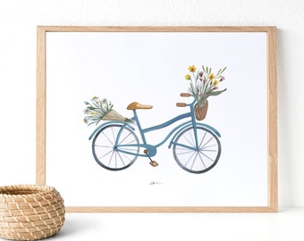 PRIMAVERA: Acuarelas bicicleta floral, decoración botánica, Pintura flores, decoración de pared botánica, Ramo de flores, Flores acuarela.