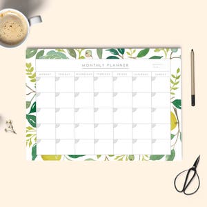 Planificador mensual descargable, diseño pintado con acuarelas, calendario mensual PDF.   Descarga instantánea